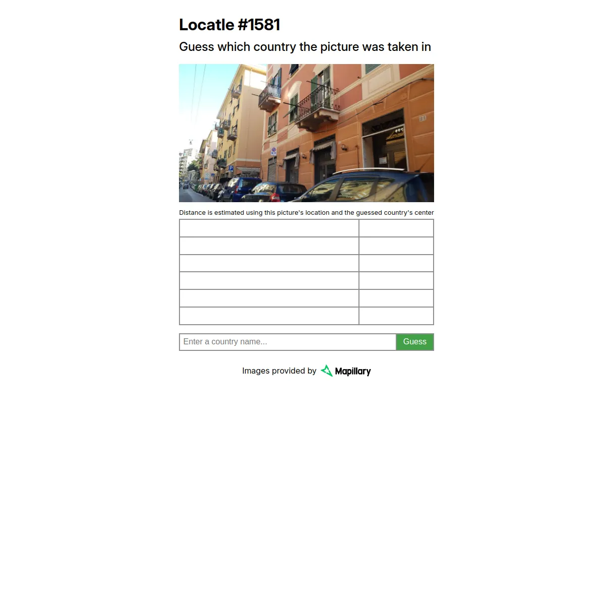 Locatle #1581 showing a street-level photo of a narrow road with pastel buildings and parked cars, a note that distance is estimated from the picture's location and the guessed country's centre, six e