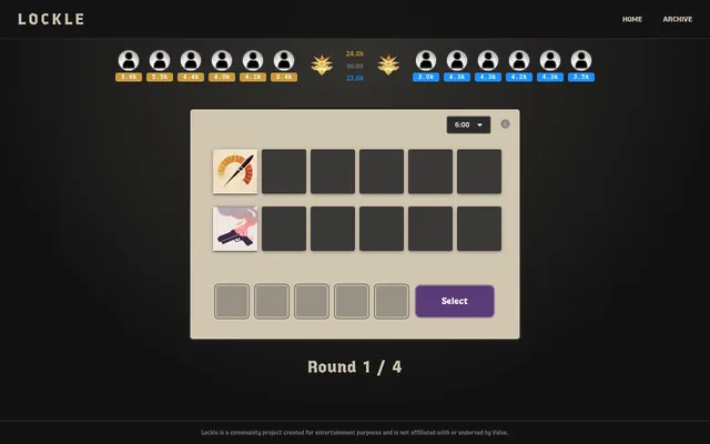 Lockle round 1 of 4: twelve player icons with soul counts across the top, a board at the 6:00 mark with two Deadlock item icons and empty slots, five guess slots and a purple Select button