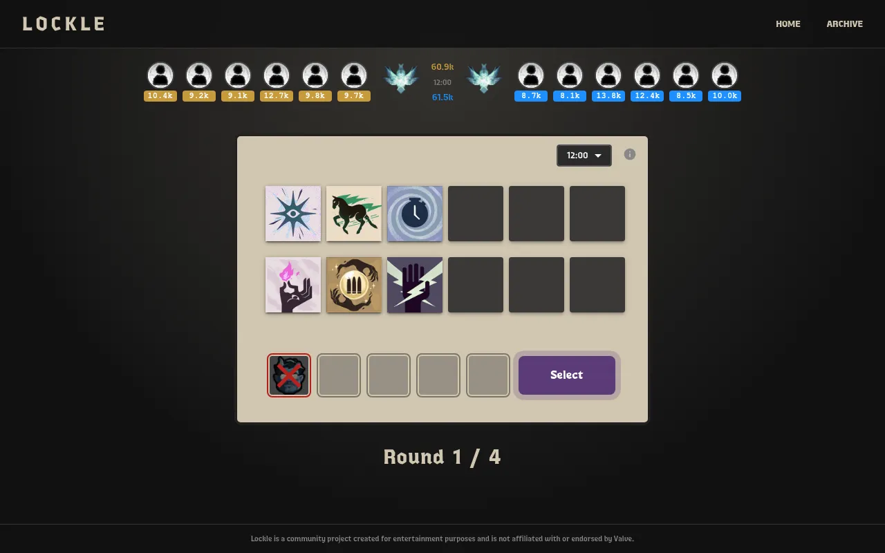Lockle after one wrong guess: Abrams crossed out in the first guess slot, the clock moved to 12:00 and six item icons now showing in the build