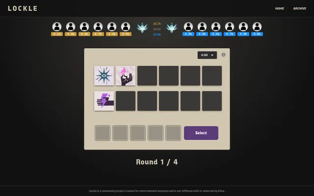 Today's Lockle Ascendant+ board, round 1 of 4 at 6:00: twelve players with soul counts, three Deadlock item icons in the build, five empty guess slots and a purple Select button