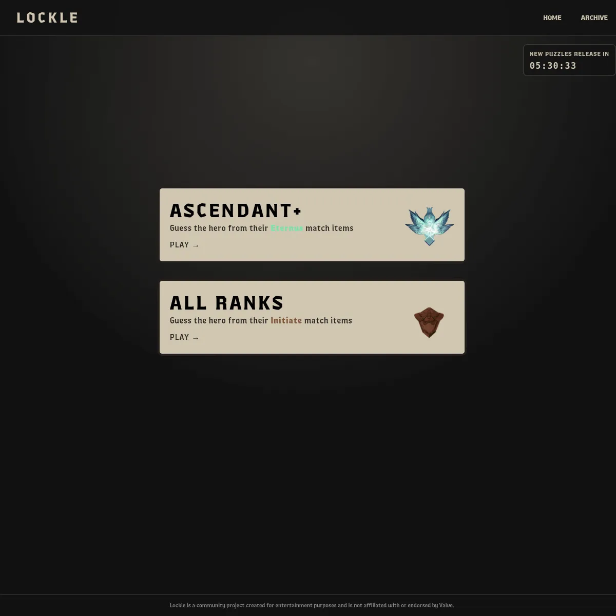 The Lockle home page with two cards, Ascendant+ (guess the hero from their Eternus match items) and All Ranks (Initiate match items), and a countdown to the next puzzles
