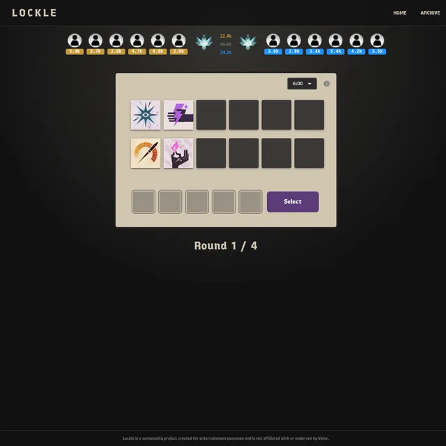 A Lockle Ascendant+ puzzle: twelve player icons with soul counts across the top, a board with four Deadlock item icons and empty slots at the 6:00 mark, a row of guess slots with a Select button, and