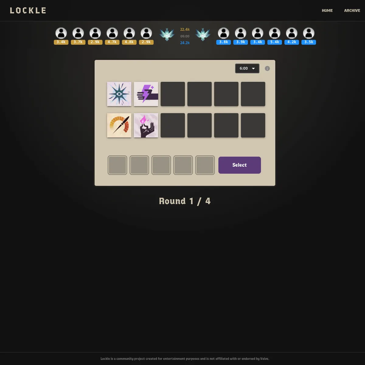 A Lockle Ascendant+ puzzle: twelve player icons with soul counts across the top, a board with four Deadlock item icons and empty slots at the 6:00 mark, a row of guess slots with a Select button, and