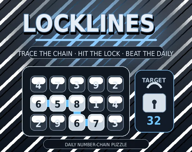 LockLines cover: a grid of number tiles with a highlighted chain 6, 5, 8, 6, 7 beside a lock with the target 32