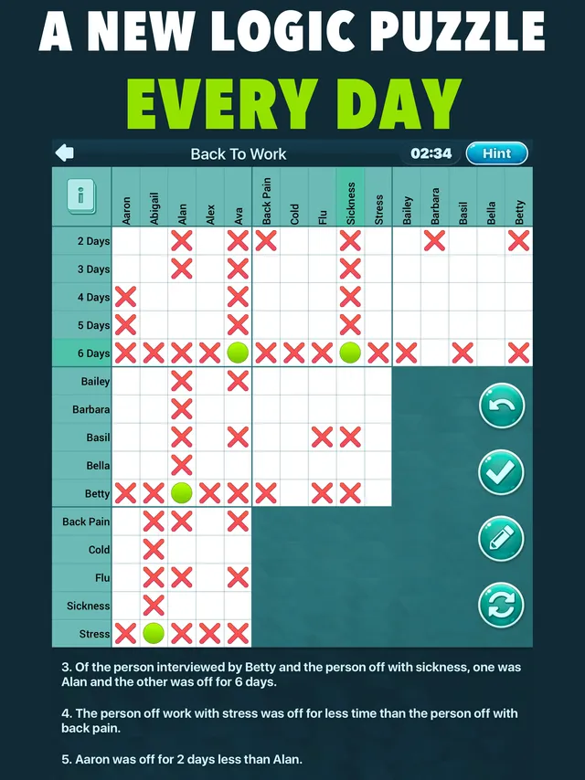 A logic grid puzzle in Logic Daily with crosses, dots and numbered clues below