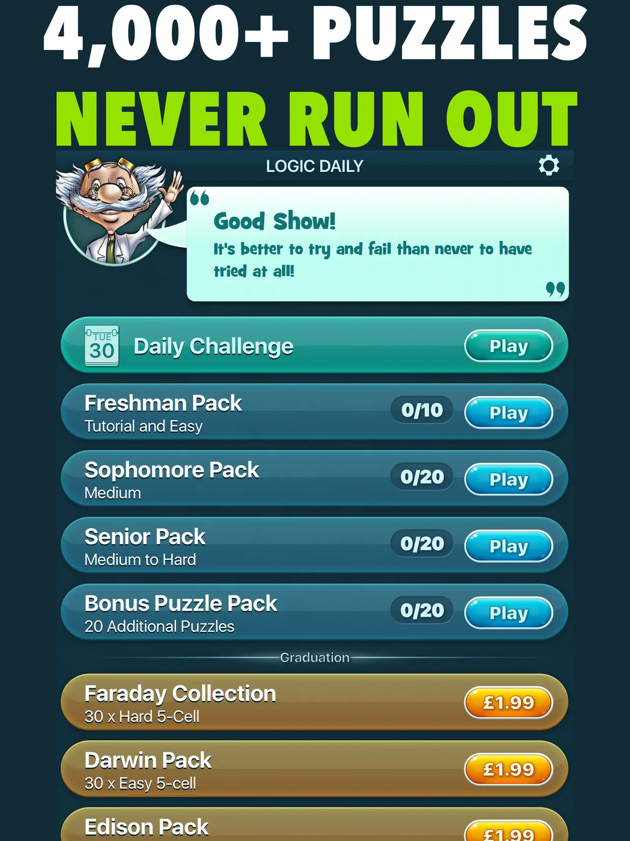 Logic Daily menu with the dated Daily Challenge above the puzzle packs
