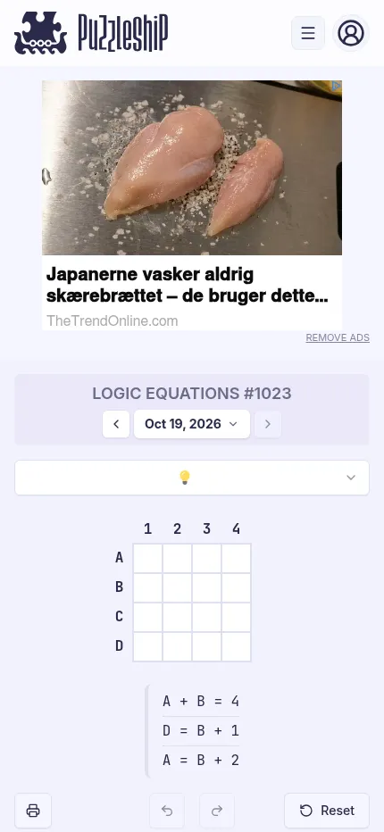 Logic Equations #1023 on a phone: the very easy set's 4 by 4 grid with A + B = 4, D = B + 1 and A = B + 2, below an ad banner