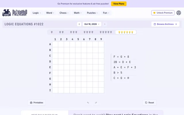 Logic Equations #1022 for Oct 18, 2026, the ultra hard set: a 9 by 9 grid of letters A to I against numbers 1 to 9 beside five lines such as F = G + 8 and 2B = D + E