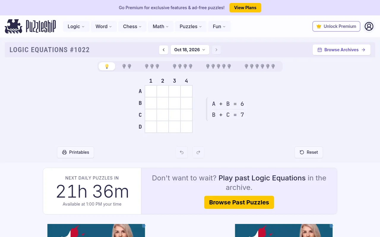 Logic Equations #1022, the very easy set: a 4 by 4 grid of letters A to D against numbers 1 to 4 with the lines A + B = 6 and B + C = 7, and the countdown to the next daily puzzles