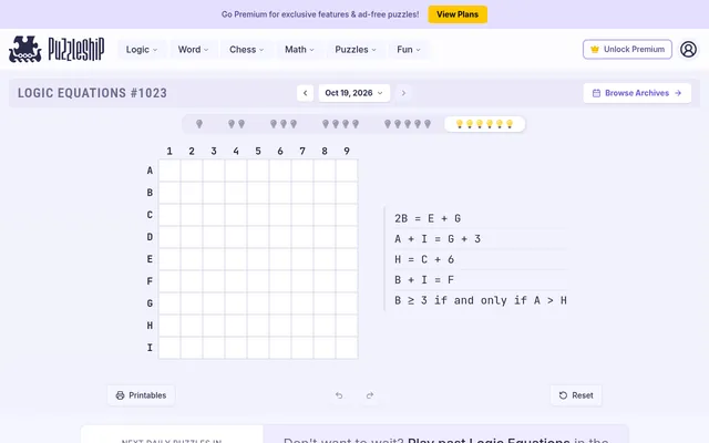 Logic Equations #1023 for Oct 19, 2026, the ultra hard set: a 9 by 9 grid of letters A to I against numbers 1 to 9 beside five lines such as 2B = E + G and B ≥ 3 if and only if A > H