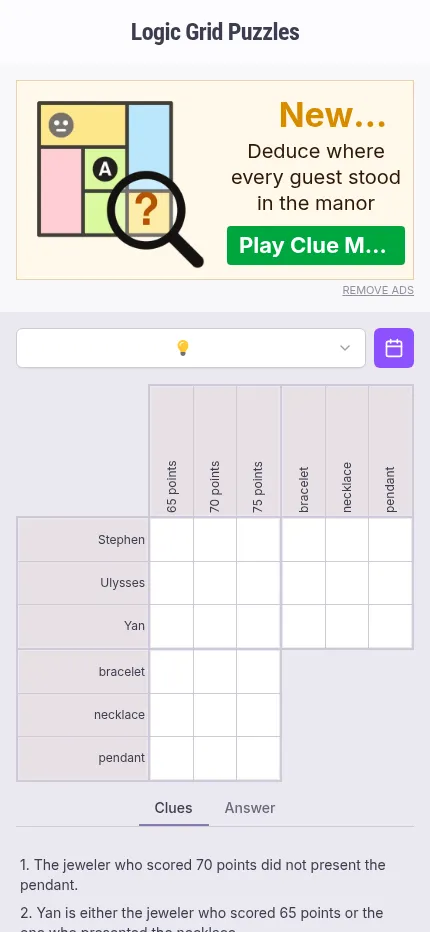 Puzzle #307 on a phone: difficulty drop-down and calendar button above the empty jewelry grid, clues below