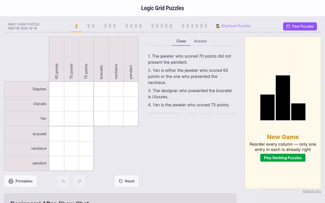 Daily logic puzzle #307 for 2026-10-19, one-bulb tab: an empty grid matching Stephen, Ulysses and Yan with points and jewelry, beside four clues