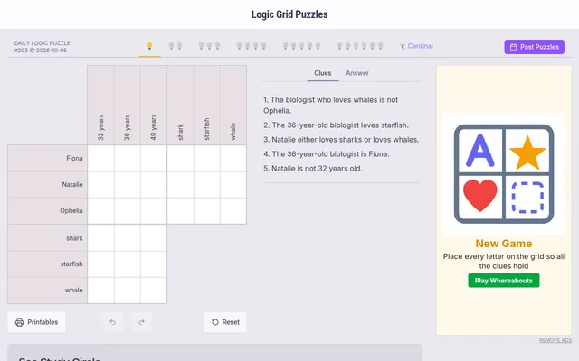 Daily logic puzzle #293 for 2026-10-05 on the one-bulb tab: a grid matching Fiona, Natalie and Ophelia with ages and sea animals, beside five numbered clues