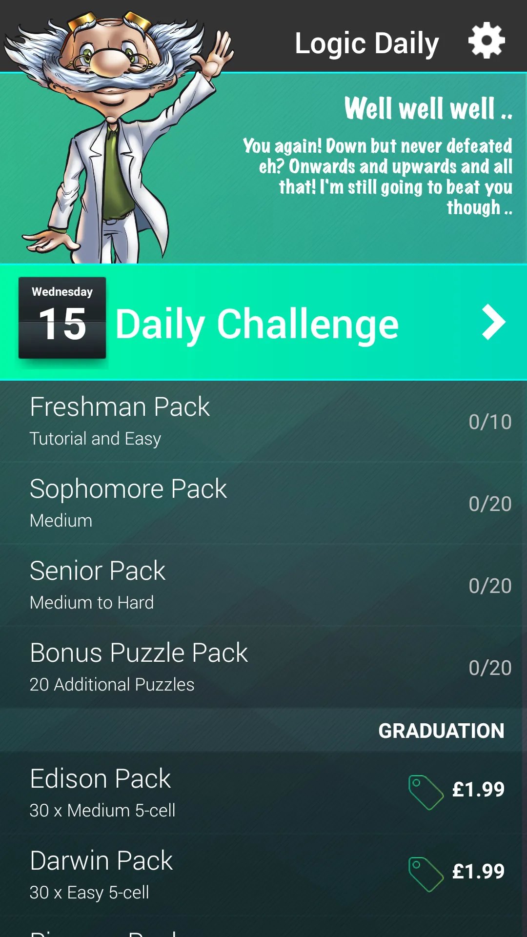 Logic Puzzles Daily menu with the Logic Professor and the Daily Challenge for Wednesday 15
