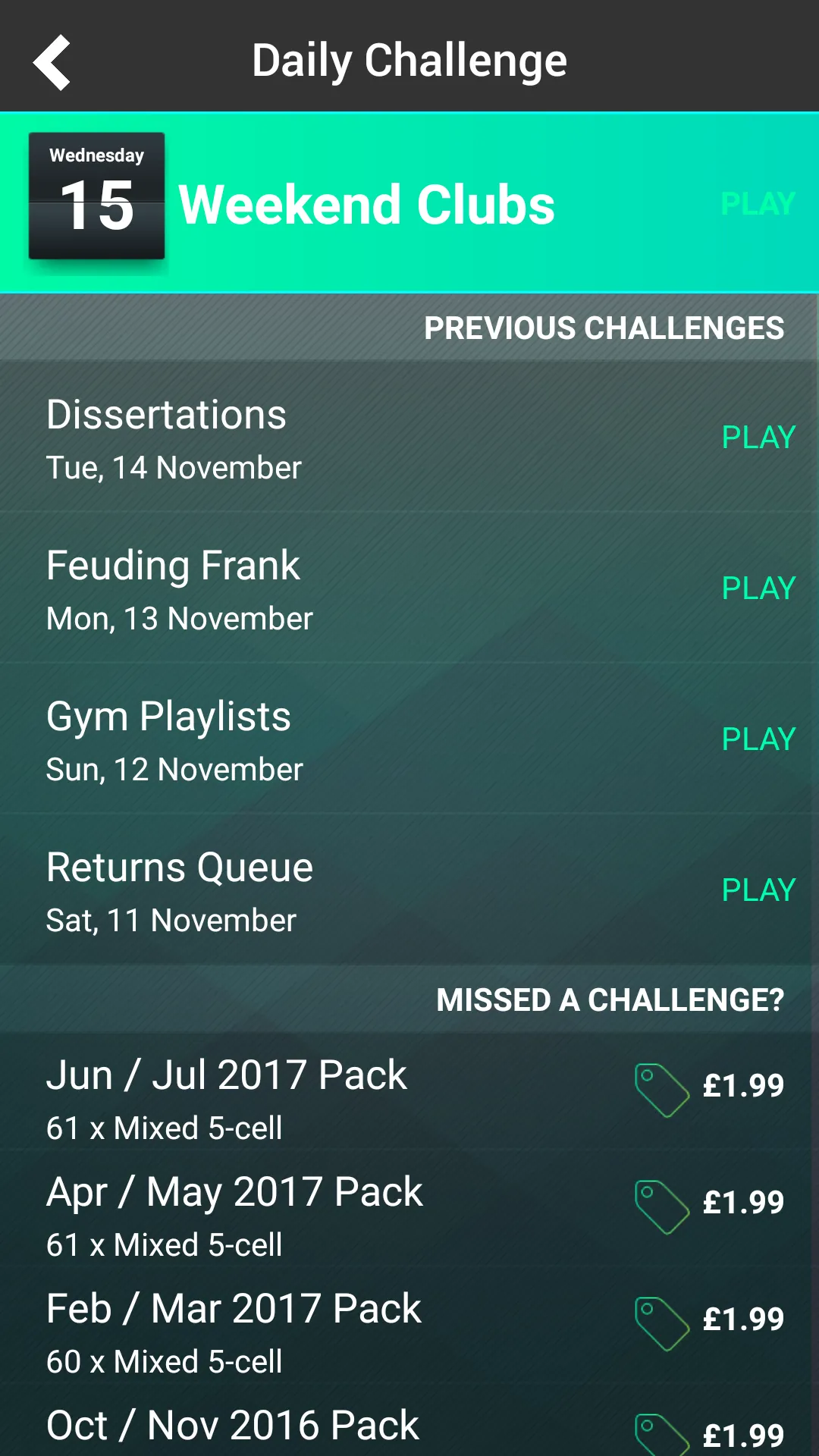 Logic Puzzles Daily Challenge screen for Wednesday 15, Weekend Clubs, with the previous days' challenges listed below