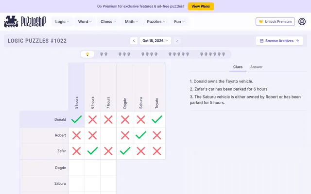 Logic Puzzles #1022, 18 October 2026, very easy puzzle being solved: owners, car makes and parking hours with green ticks for matches and red crosses, the clues beside it