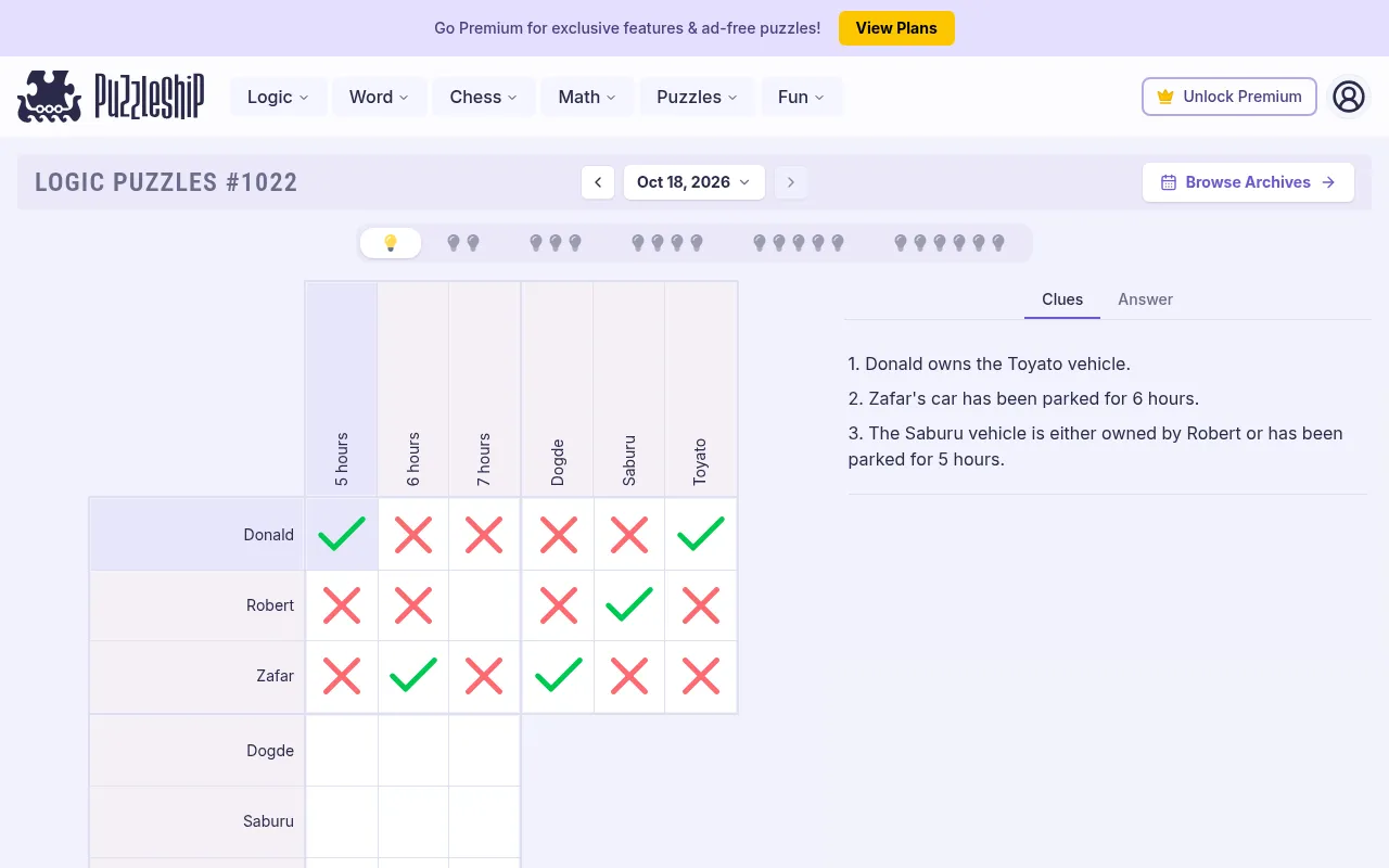 Logic Puzzles #1022, 18 October 2026, very easy puzzle being solved: owners, car makes and parking hours with green ticks for matches and red crosses, the clues beside it