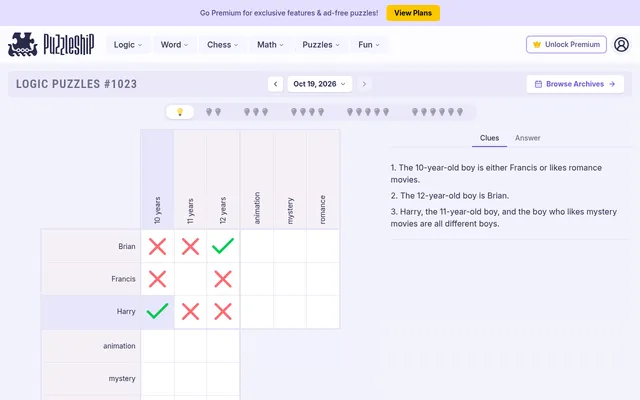 Logic Puzzles #1023, 19 October 2026, very easy grid of Brian, Francis and Harry, ages and movie genres, with green ticks and red crosses marked and the three clues beside it