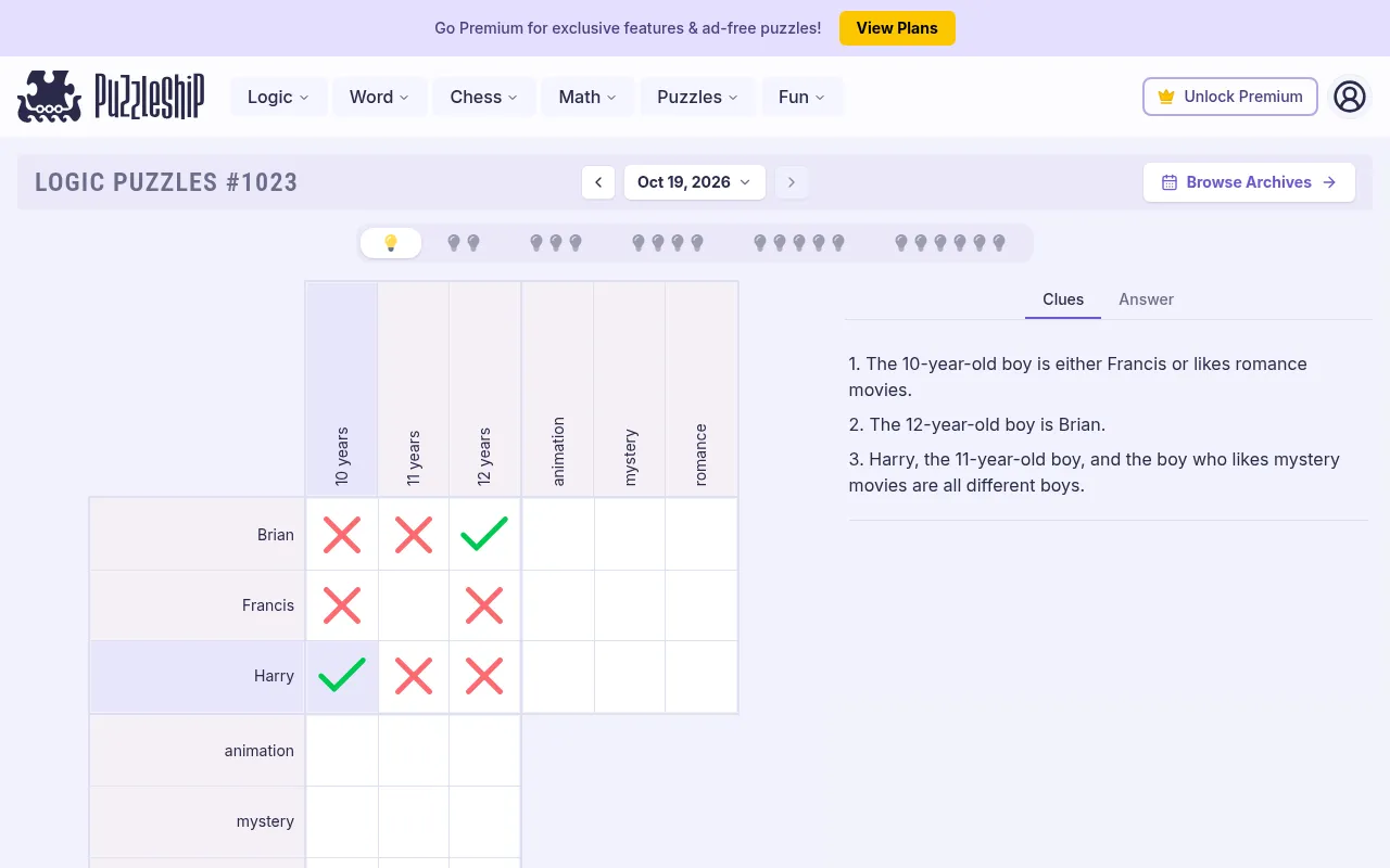 Logic Puzzles #1023, 19 October 2026, very easy grid of Brian, Francis and Harry, ages and movie genres, with green ticks and red crosses marked and the three clues beside it