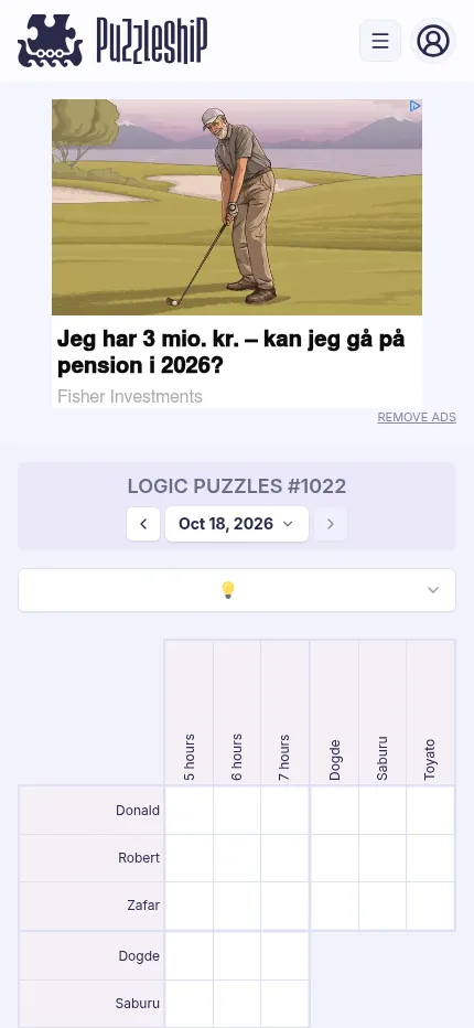Logic Puzzles on a phone: today's very easy grid of owners, car makes and parking hours under the puzzle number and date