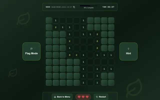Logic Sweep's Zen board for seed CALM-MODE-2026-10-07: a 10x10 grid half opened with number clues, Flag Mode and Hint buttons, and three hearts