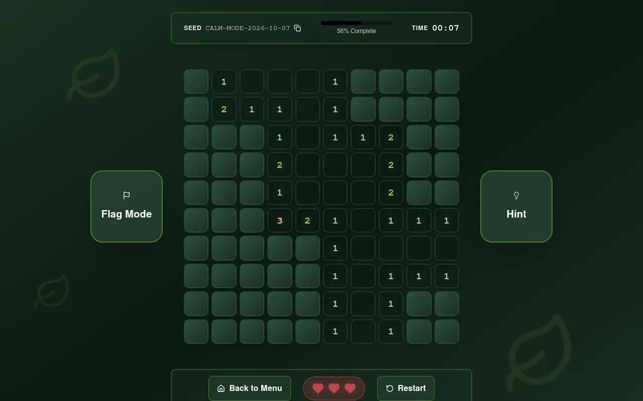 Logic Sweep's Zen board for seed CALM-MODE-2026-10-07: a 10x10 grid half opened with number clues, Flag Mode and Hint buttons, and three hearts