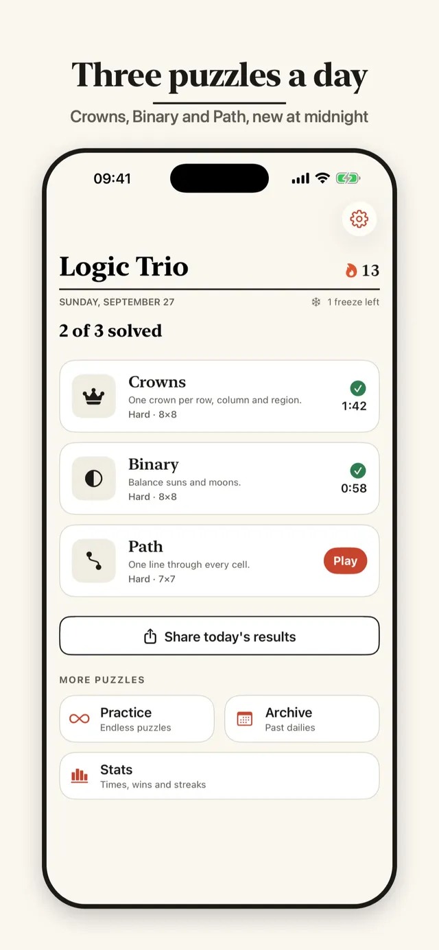Logic Trio's home screen for Sunday, September 27: Crowns and Binary solved with their times, Path still to play, and a Share today's results button