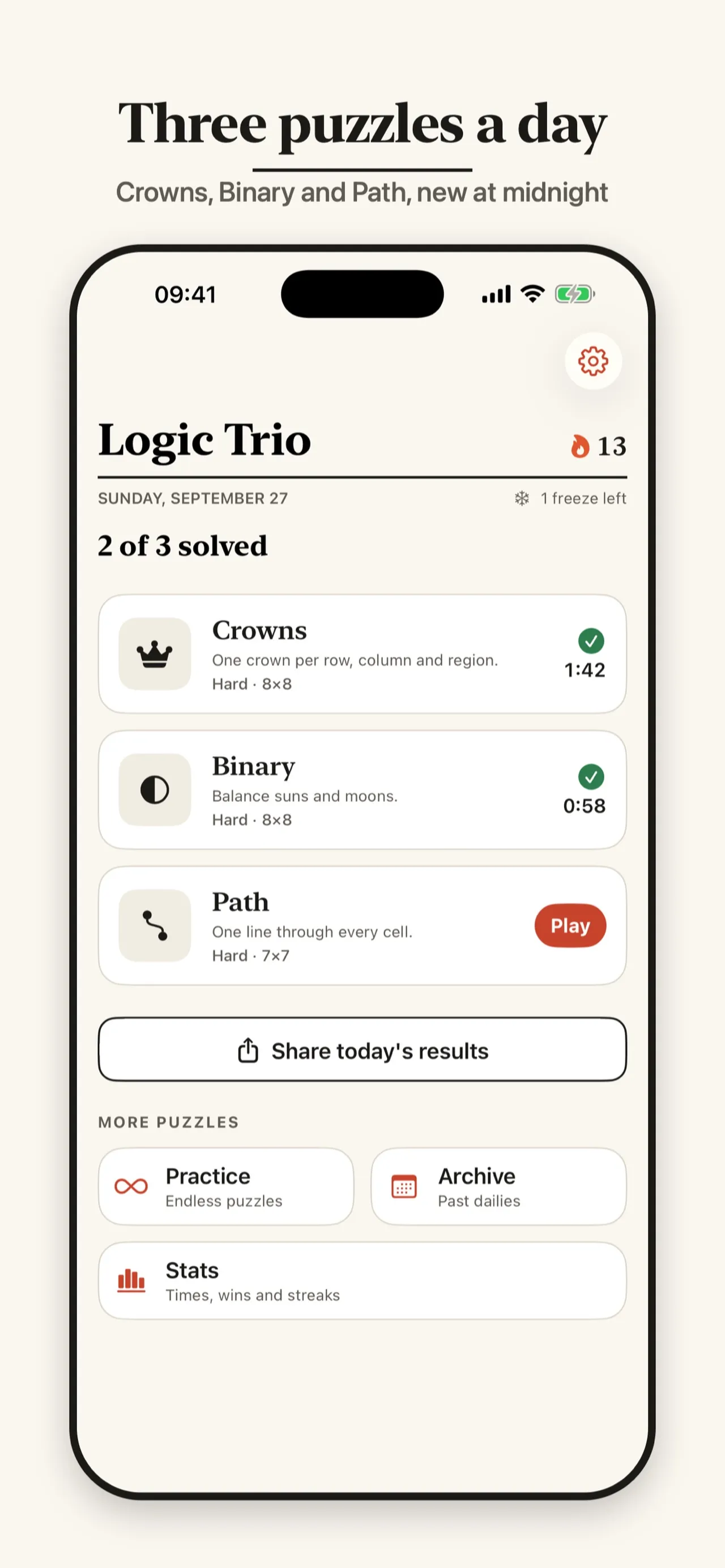 Logic Trio's home screen for Sunday, September 27: Crowns and Binary solved with their times, Path still to play, and a Share today's results button