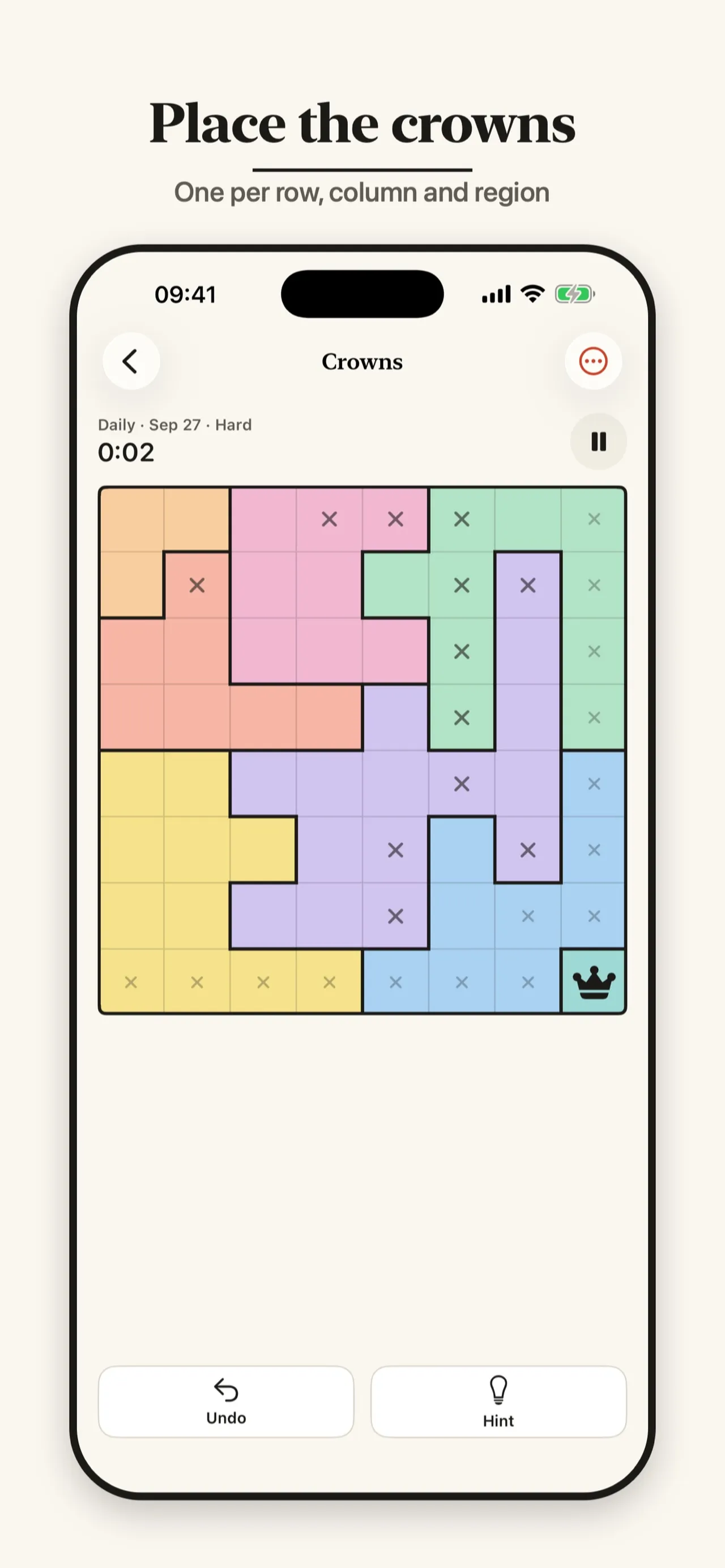 A Logic Trio Crowns grid: an 8x8 board of coloured regions with crossed-out cells and one crown placed