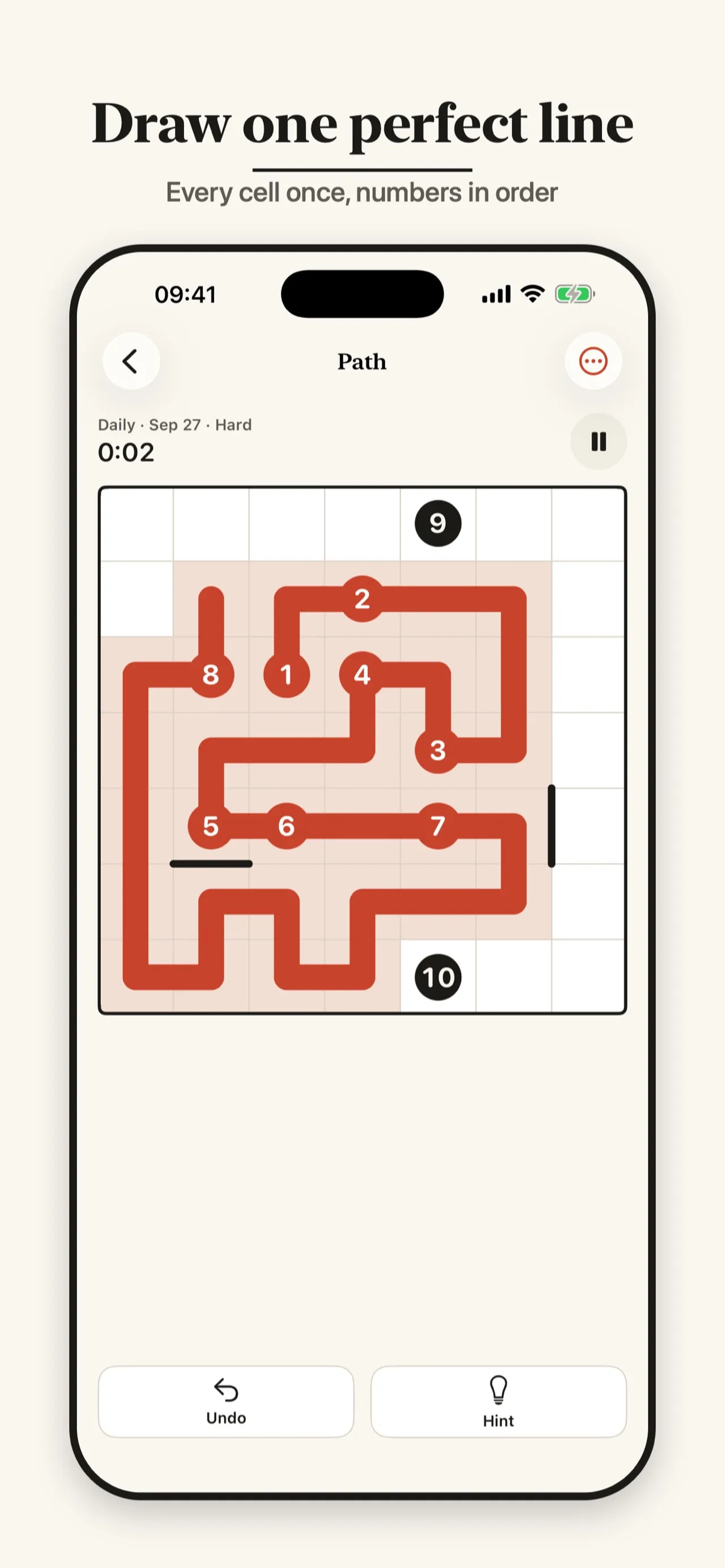 A Logic Trio Path puzzle: a red line winding through a 7x7 grid past numbers 1 to 8, with 9 and 10 still to reach