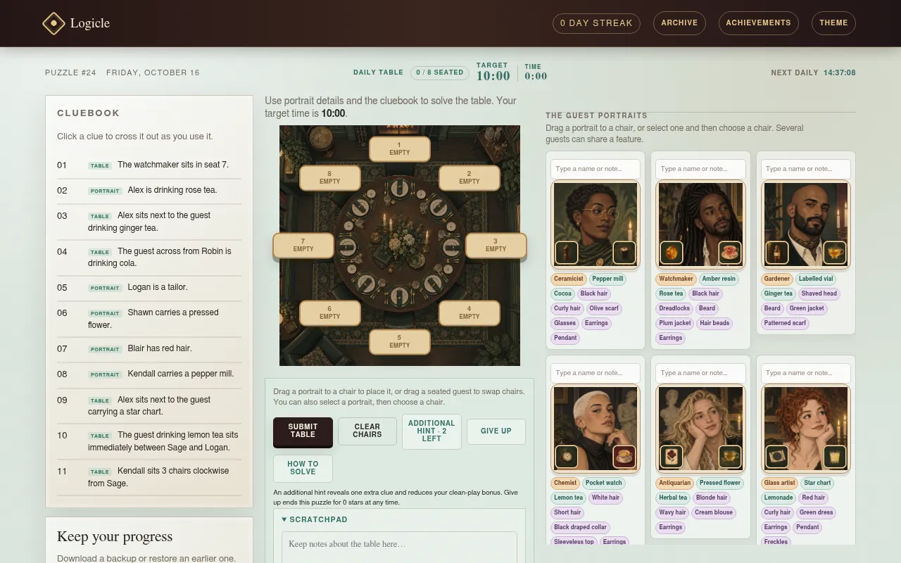 Logicle puzzle #24: the cluebook, a round dinner table with eight empty numbered chairs, and six painted guest portraits with their feature labels