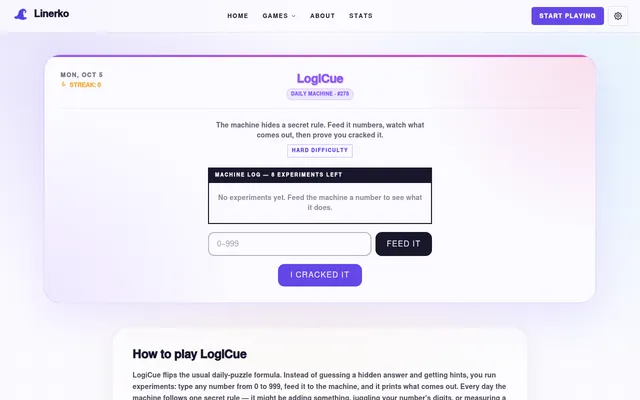 LogiCue daily machine number 278 on hard difficulty: an empty machine log with 8 experiments left, a 0 to 999 input box, a Feed it button and an I cracked it button