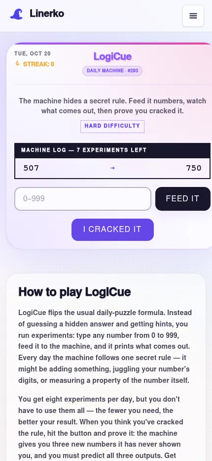 LogiCue machine #293 at phone size: the log shows 507 gives 750, 7 experiments left, a 0 to 999 box, Feed it and I cracked it buttons