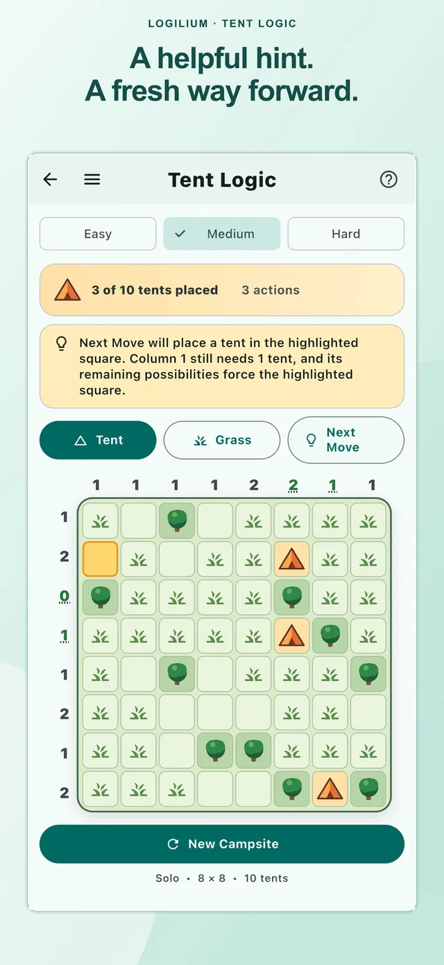 Logilium Tent Logic on an 8x8 grid with trees, grass and three tents placed, and a hint box explaining that column 1 still needs one tent, under A helpful hint. A fresh way forward.