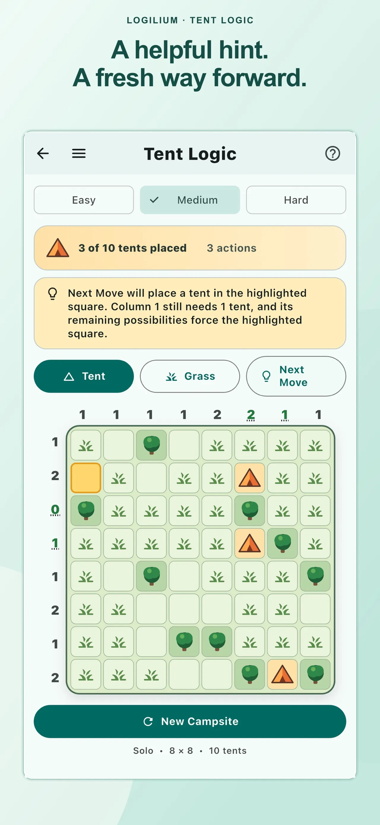 Logilium Tent Logic on an 8x8 grid with trees, grass and three tents placed, and a hint box explaining that column 1 still needs one tent, under A helpful hint. A fresh way forward.