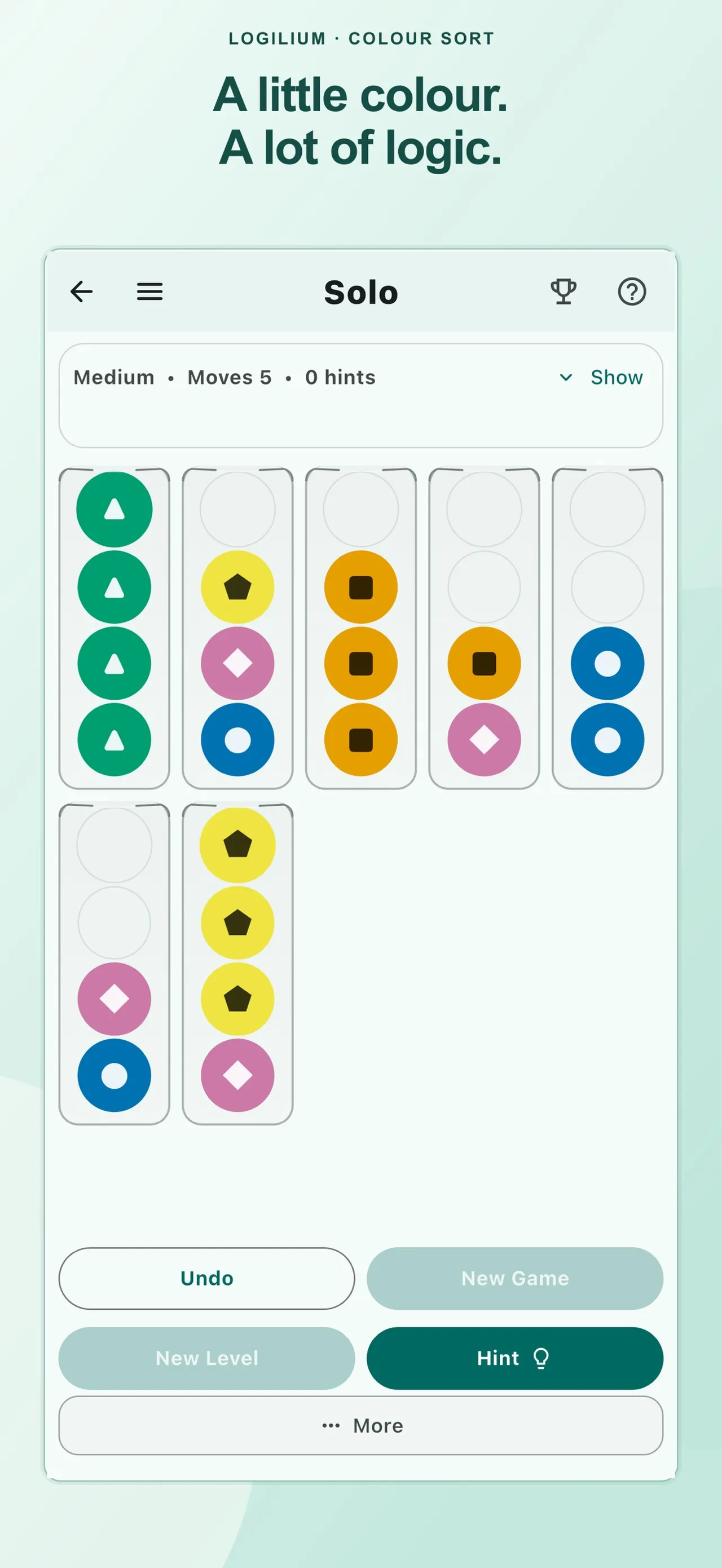 Logilium Colour Sort in Solo mode: seven tubes of coloured balls marked with shapes, Medium, 5 moves, with Undo and Hint buttons, under A little colour. A lot of logic.