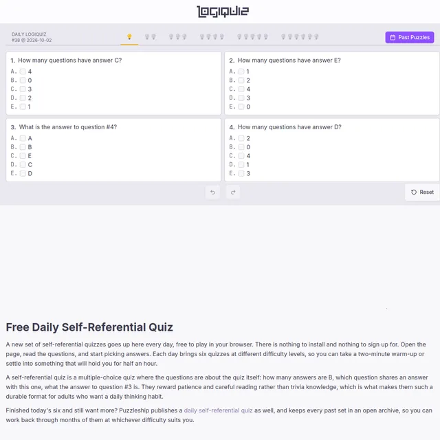 Daily LogiQuiz #38 for 2026-10-02 at the easiest level: four multiple-choice questions such as 'How many questions have answer C?', with difficulty tabs and a Past Puzzles button