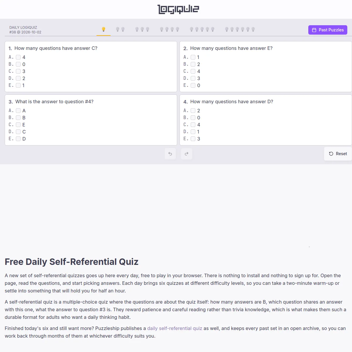 Daily LogiQuiz #38 for 2026-10-02 at the easiest level: four multiple-choice questions such as 'How many questions have answer C?', with difficulty tabs and a Past Puzzles button