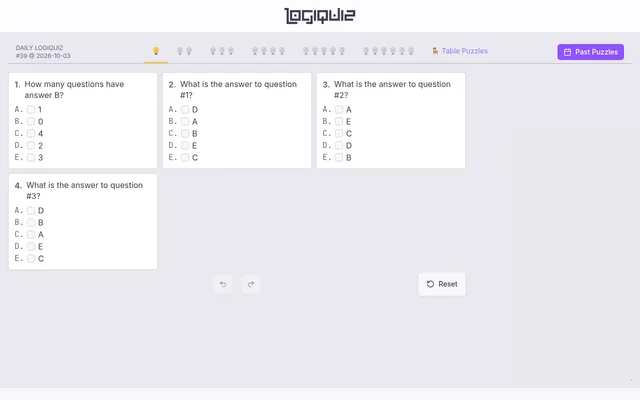 Daily LogiQuiz number 39 for 3 October 2026 at the easiest level: four multiple-choice questions such as How many questions have answer B? and What is the answer to question #1?, with difficulty tabs,