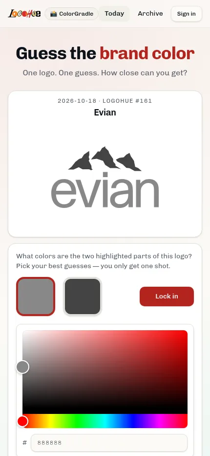 LogoHue on a phone: the greyscale Evian logo above the open colour picker with its hue bar and hex box