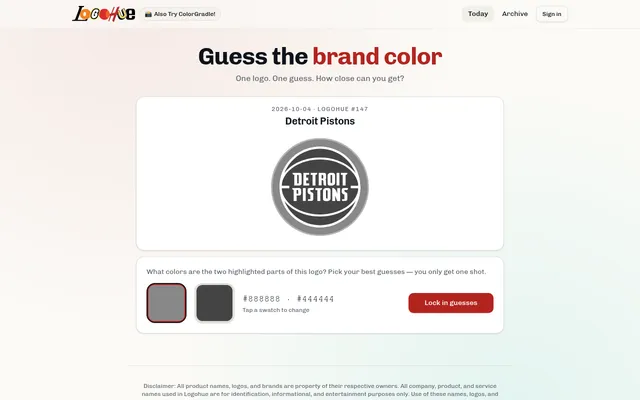 LogoHue number 147 for 4 October 2026: the Detroit Pistons logo in grey with two colour swatches set to #888888 and #444444 and a Lock in guesses button