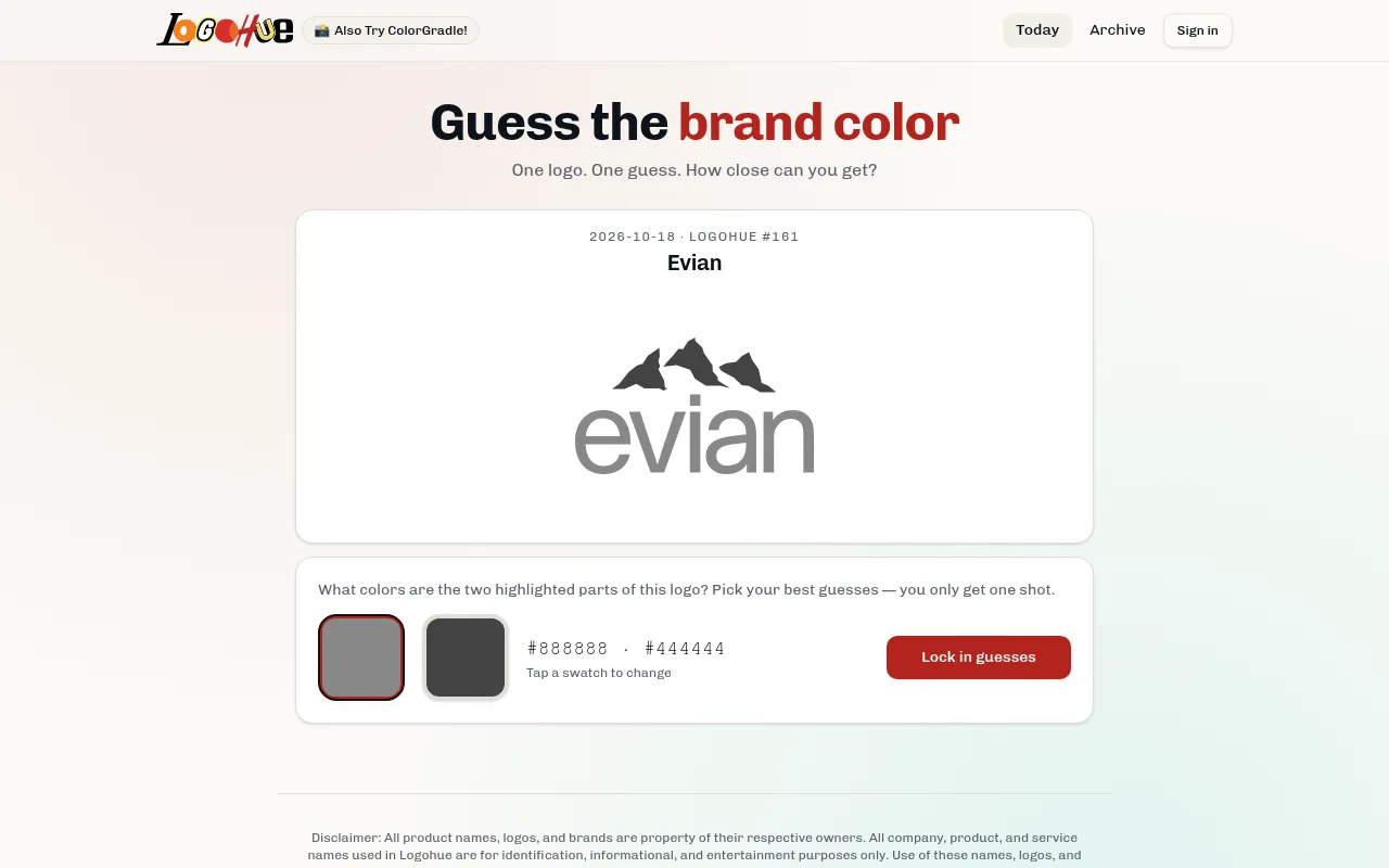 LogoHue number 161 for 18 October 2026: the Evian logo shown in grey with two colour swatches to set and a Lock in guesses button