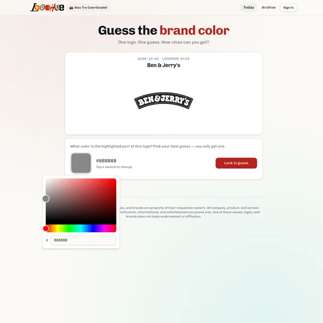 LogoHue number 145 for 2 October 2026 showing the Ben & Jerry's logo in greyscale with the colour picker open