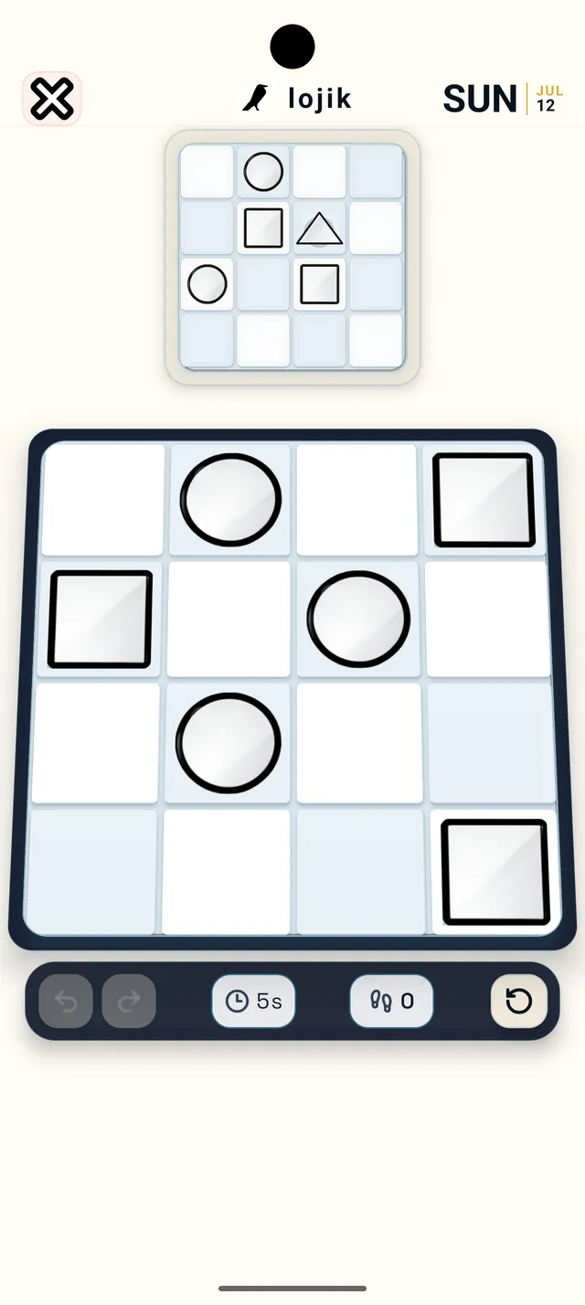 A Lojik daily board: a small target grid of circles, squares and a triangle above a four by four board with move counter and timer