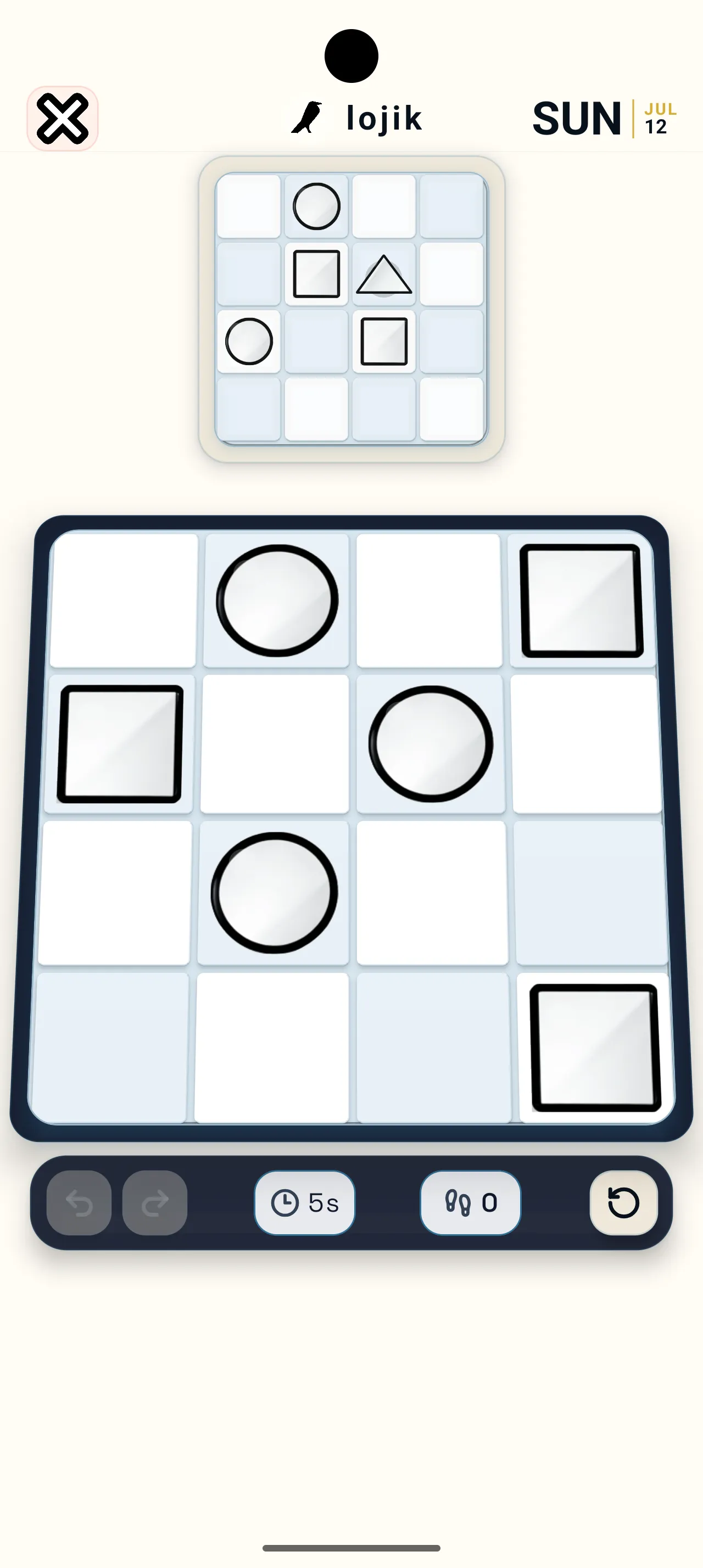 A Lojik daily board: a small target grid of circles, squares and a triangle above a four by four board with move counter and timer