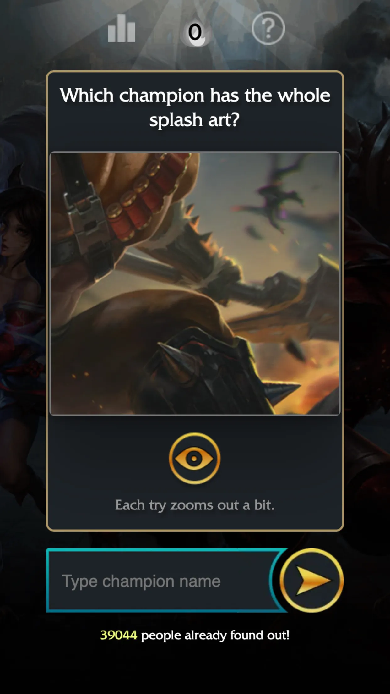 LoLdle Splash mode asking which champion has the whole splash art, showing a zoomed-in crop of a champion with a bandolier and spiked gauntlet, and the note Each try zooms out a bit