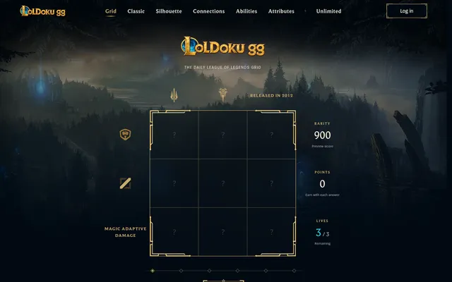 The LoLdoku daily League of Legends grid: an empty 3x3 board with clue icons above and to the left, including Released in 2012 and Magic adaptive damage, and a rarity score of 900 with 3 of 3 lives
