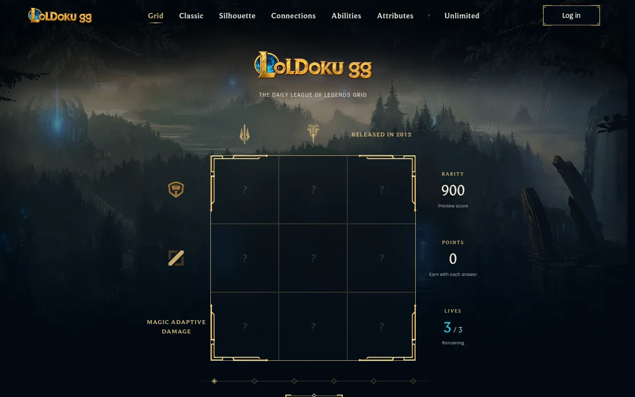 The LoLdoku daily League of Legends grid: an empty 3x3 board with clue icons above and to the left, including Released in 2012 and Magic adaptive damage, and a rarity score of 900 with 3 of 3 lives