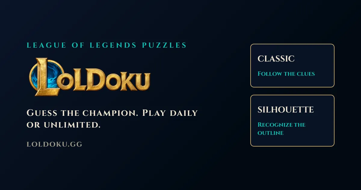 LoLdoku share card: the gold LoLdoku logo, the line Guess the champion, play daily or unlimited, and panels for its Classic and Silhouette modes