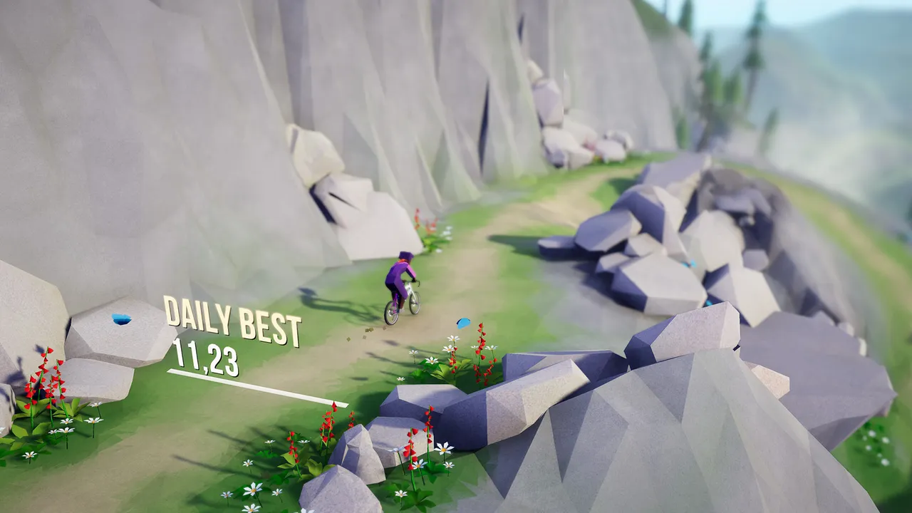 Lonely Mountains: Downhill: a rider in purple on a grassy trail between grey boulders, with a Daily Best time of 11.23 shown